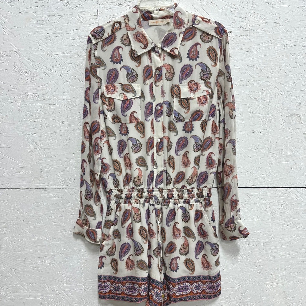 Tory Burch XL Romper White Paisley Silk Boho Luxury Modern Tailored Effortless
